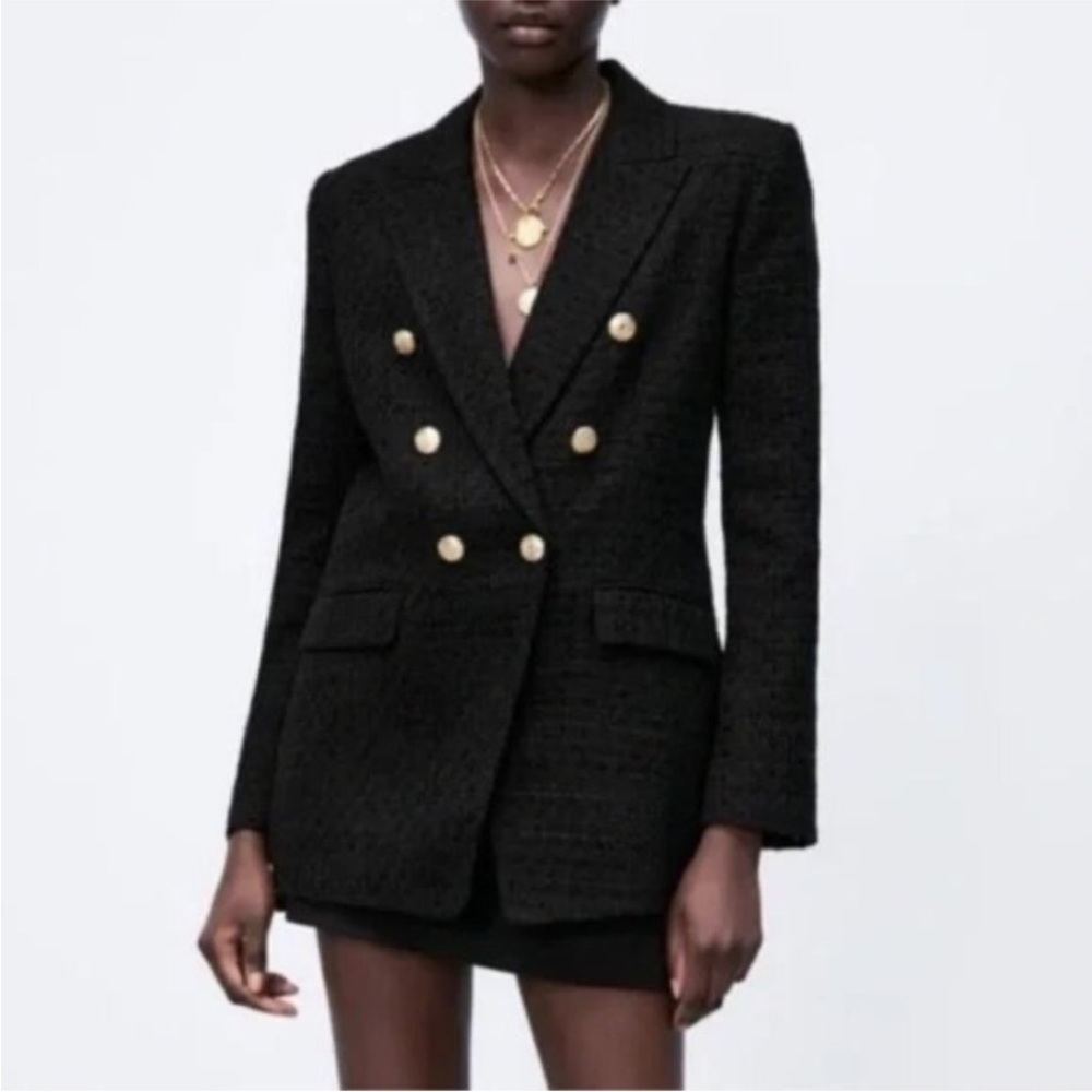 Zara double breasted black tweed blazer with gold buttons 23624